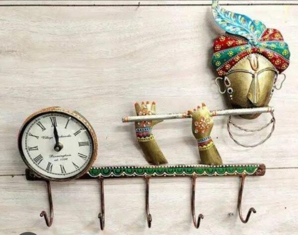krishna hook metal strip with clock with 5 hooks by madhuram handicrafts